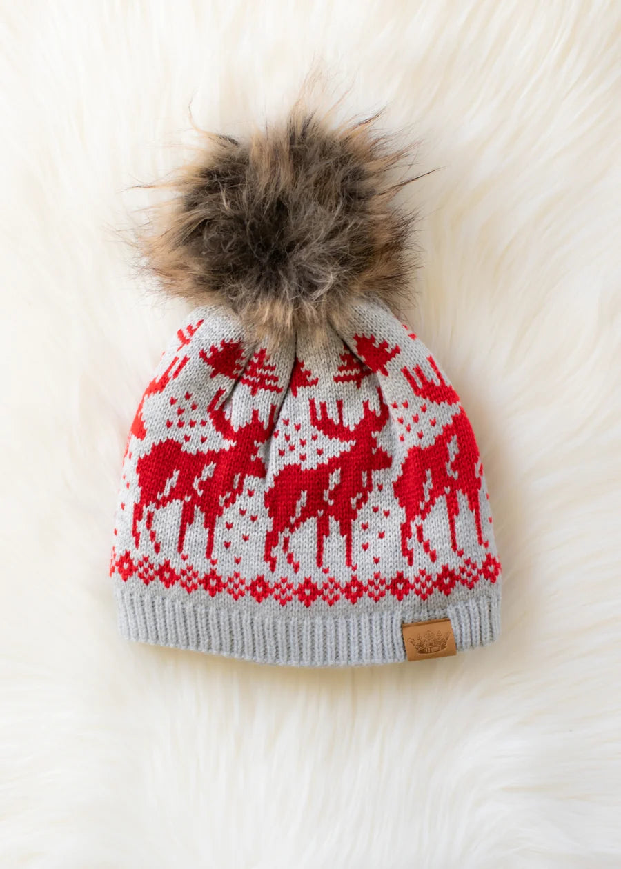 Embroidered Deer Pom Beanie | Gray & Red