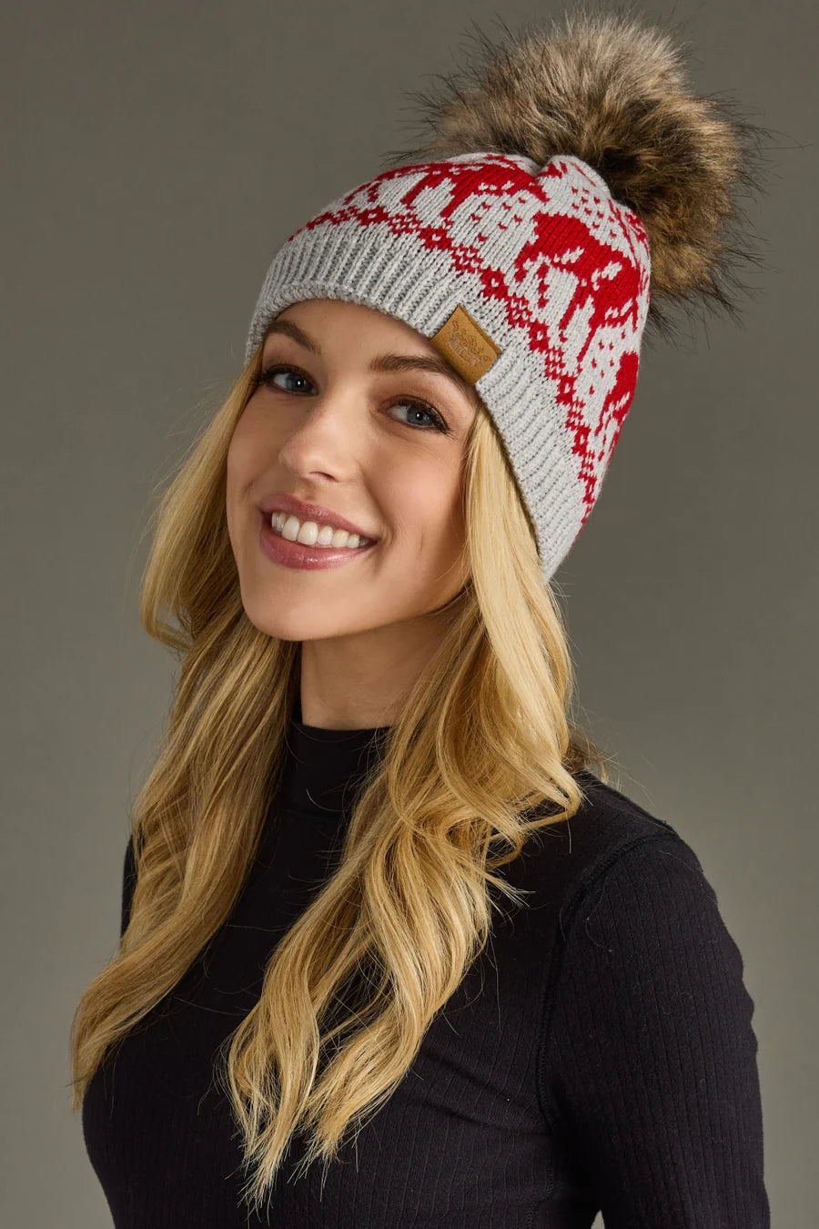 Embroidered Deer Pom Beanie | Gray & Red