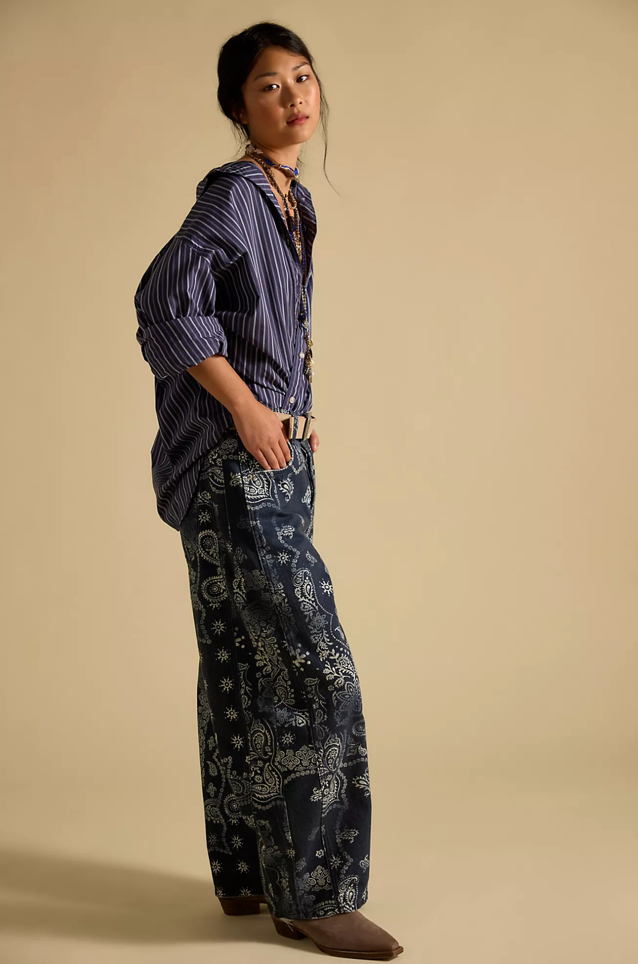 Good Luck Printed Barrel Jeans | Navy Bandana