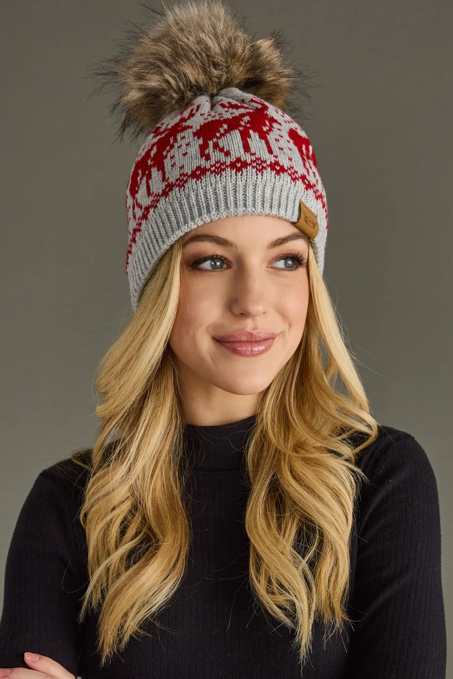 Embroidered Deer Pom Beanie | Gray & Red